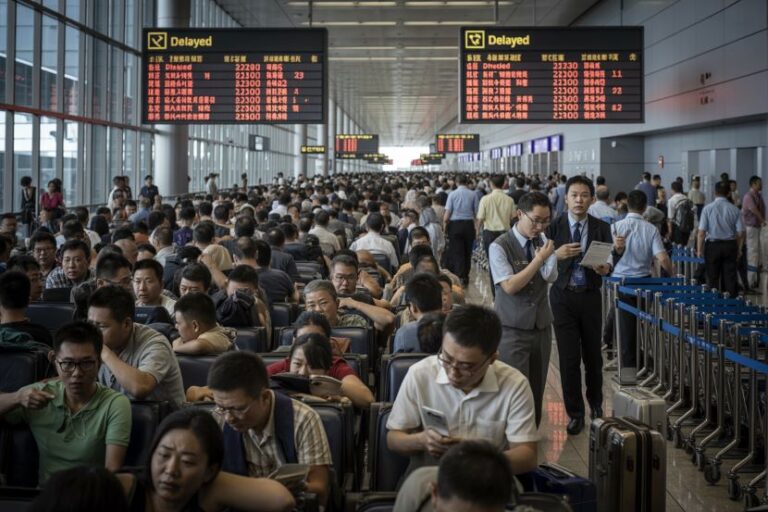 Crowded airport or train terminal with digital boards showing delays above rows of seated travelers. Option shows many passengers waiting as boards display 'Delayed'.