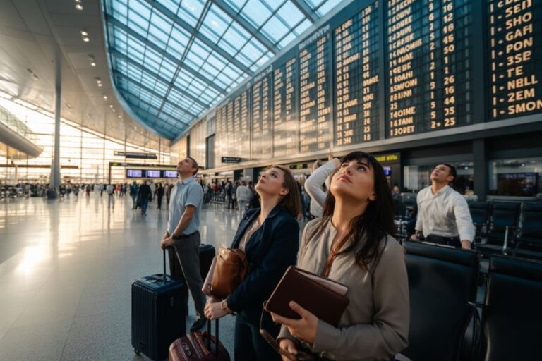 Travelers in a bright airport terminal look up at a large departure board overhead, backpacks and luggage in hand.