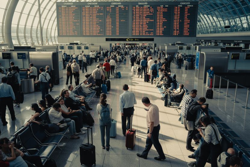 Busy airport terminal with rows of seats, travelers with luggage, and a large illuminated flight information display board overhead.