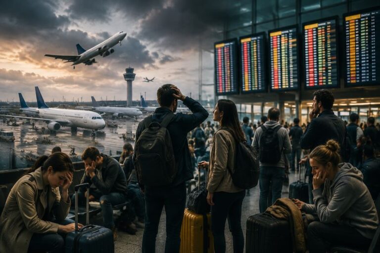 Crowded airport terminal with passengers waiting; planes on the tarmac and a jet taking off outside the windows.