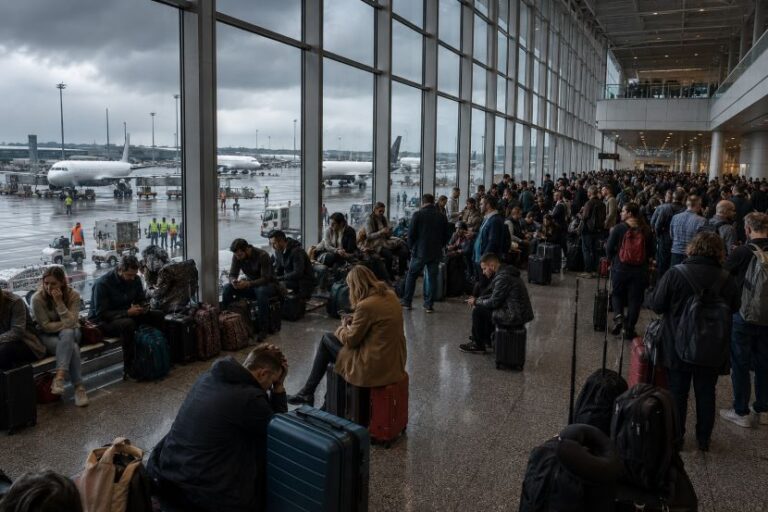 Crowded airport terminal with travelers seated and standing near large windows, watching planes on a wet tarmac outside during overcast weather.