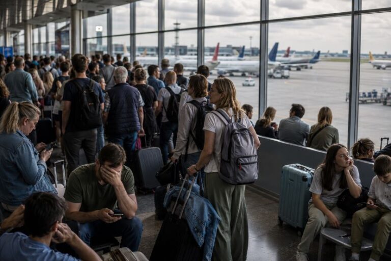 Crowded airport terminal with travelers waiting near the gate and luggage, planes visible outside the windows.