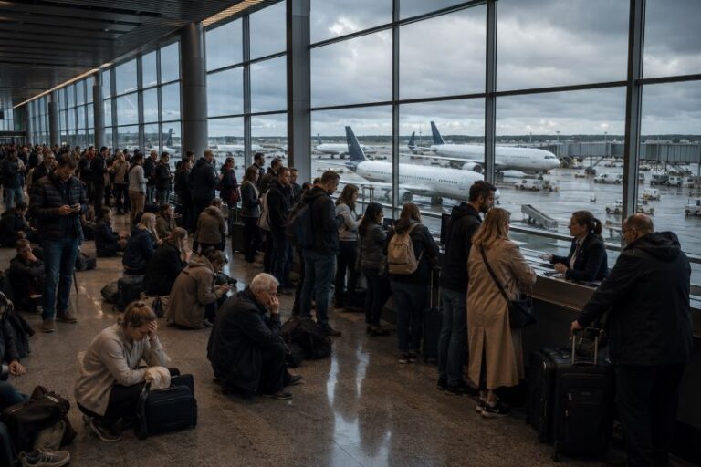 Crowded airport terminal by large windows, people queueing at a check-in counter with airline staff assisting passengers and luggage nearby.