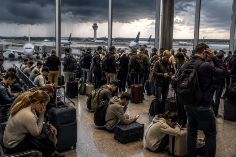 Crowded airport gate area with travelers and rolling luggage as stormy skies loom outside.