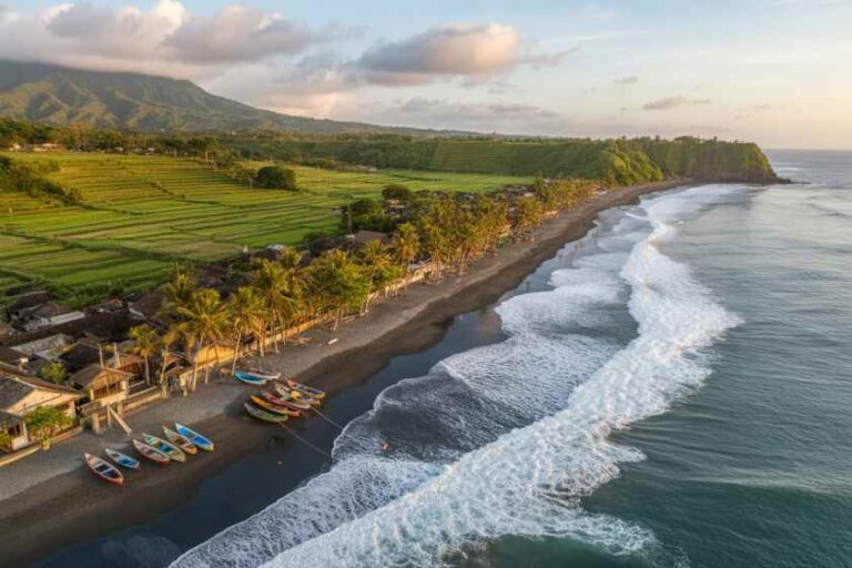 Coastal village beach with colorful boats on the sand, palm trees, and terraced green fields in the background.