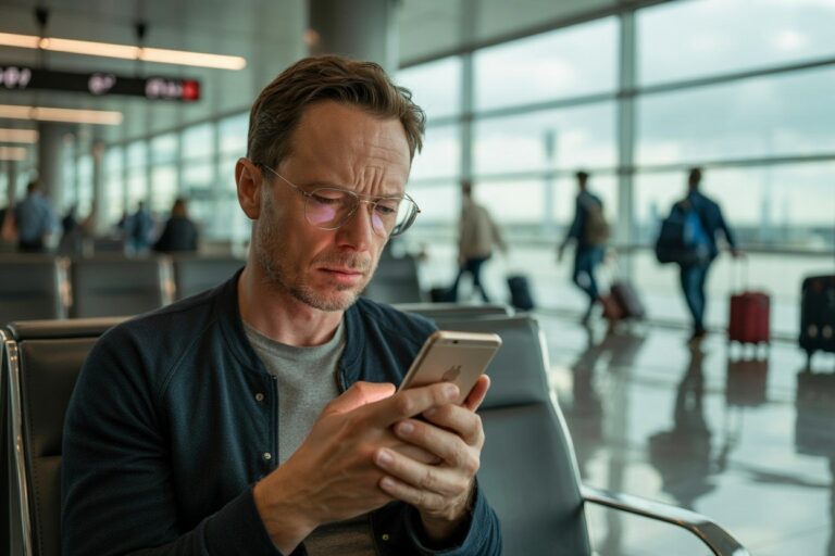 Man in a terminal checks his smartphone, wearing glasses and a dark jacket.