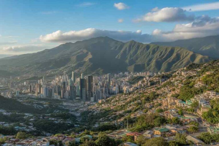 City skyline nestled at the foot of green, rugged mountains; dense downtown buildings with hillside neighborhoods in the foreground.