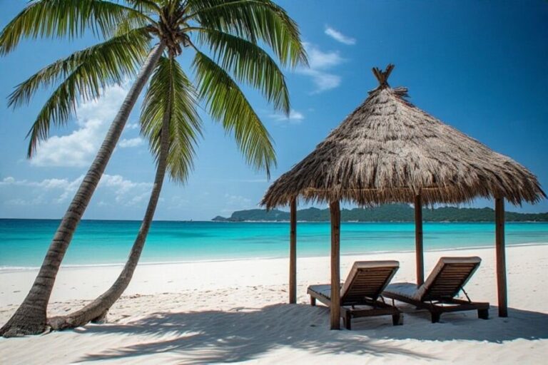 Tropical beach scene with two wooden lounge chairs under a thatched umbrella, palm trees, and turquoise sea.