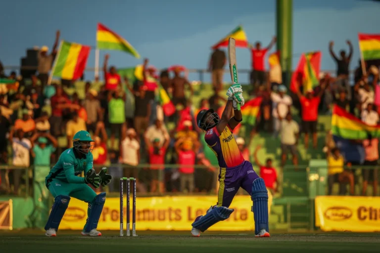 Cricketer in purple-yellow uniform swings bat for a shot as the teal-clad wicketkeeper crouches near the stumps with a cheering crowd behind.