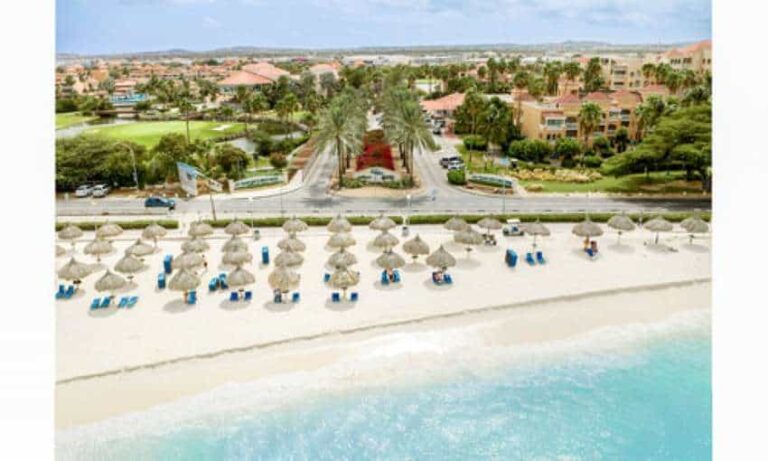 A sandy beach with rows of blue lounge chairs under tan umbrellas, turquoise water at the shore, with a resort and palm trees behind.