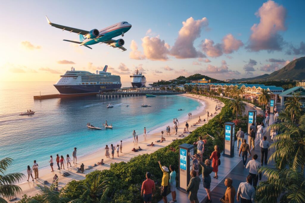 Sunset at a tropical cruise port with a large docked cruise ship, a passenger jet overhead, and people strolling along a sunny palm-lined promenade.