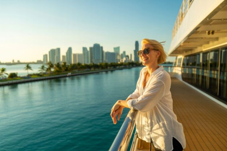 Woman in sunglasses leaning on a ship railing, smiling, with a city skyline and water in the background on a sunny day on a cruise deck.