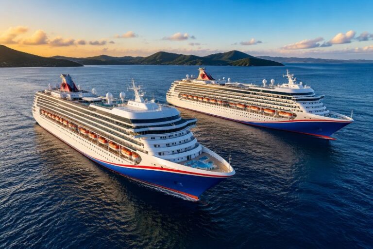 Two large white cruise ships cruising on calm blue water near a green, hilly coastline at sunset.