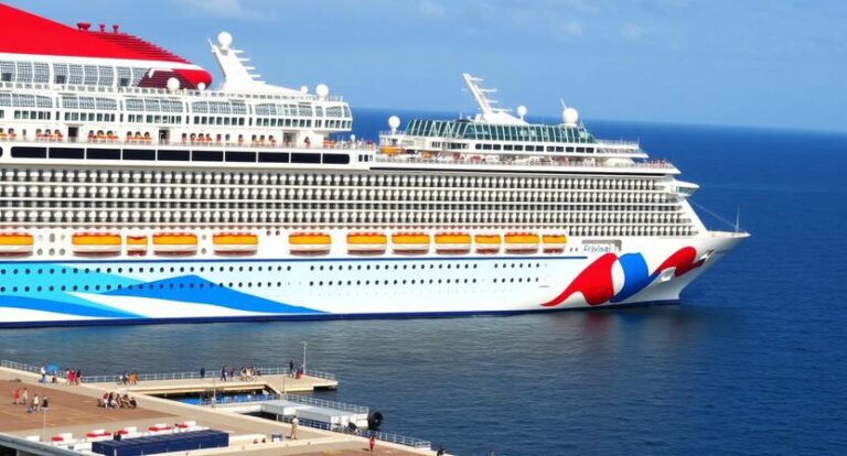 Large white cruise ship with red, blue, and orange accents docked at a pier, passengers visible on decks against a calm blue sea and sky.
