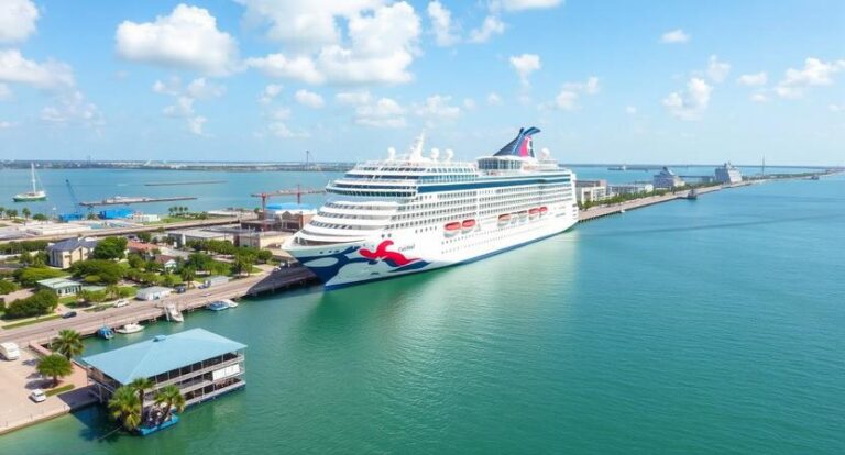 Cruise ship docked at a sunny harbor, with turquoise water and clear blue sky.