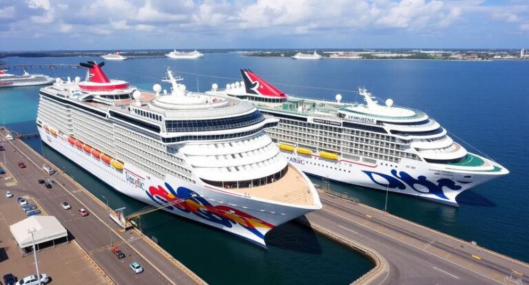 Two large cruise ships docked side by side at a sunny port, with a road and cars in the foreground.