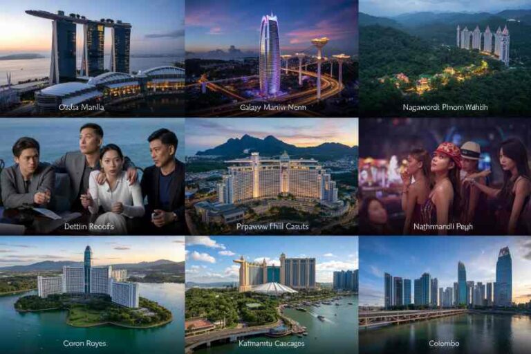 Collage of nine images featuring luxury hotels, city skylines, a business meeting, resort scenes, and nightlife across Asian destinations.