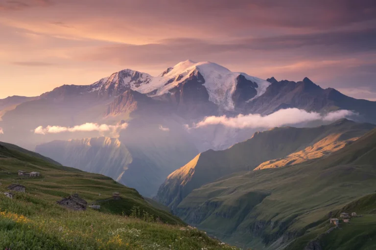 Snowy mountain peak bathed in warm sunset light over green valley with small stone huts scattered on the hillside