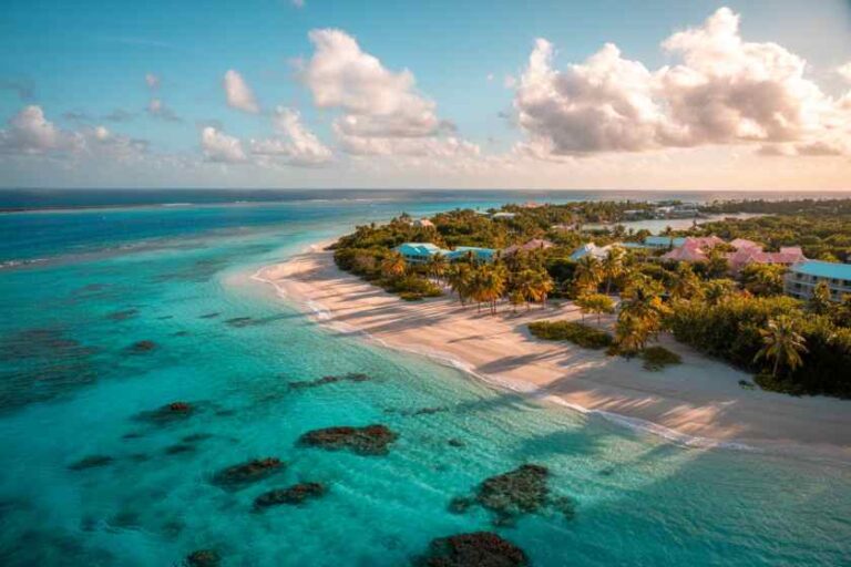 Aerial view of a tropical island with a white-sand beach, turquoise water, and palm trees—colorful resort buildings line the inland side of the shore.