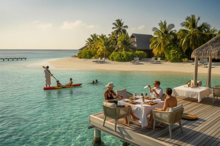 Four people dine at a table on an overwater deck overlooking a turquoise lagoon, with a tropical beach and palm trees in the background.