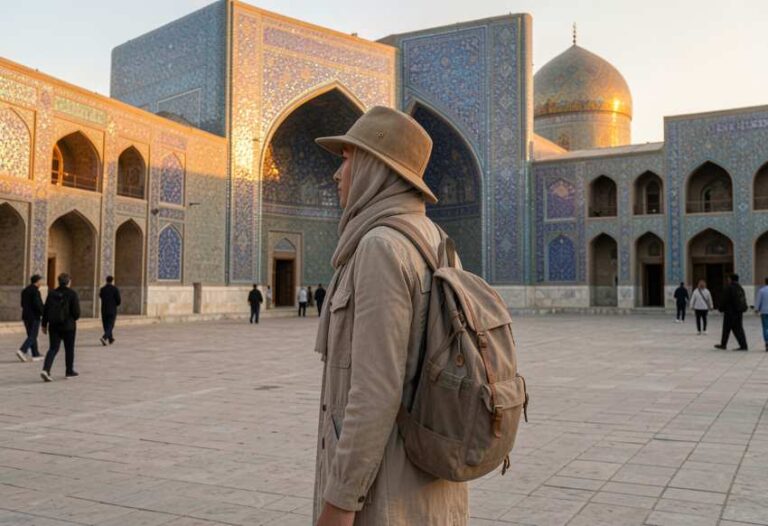 A person wearing a beige coat and fedora-style hat carries a brown backpack while standing in a spacious courtyard in front of a blue-tiled Islamic mosque with domes under a clear sky.