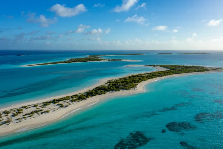 Aerial view of turquoise water and white-sand beaches with low-lying green islands.