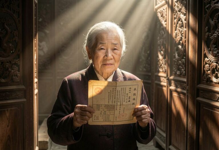 An elderly Asian woman with white hair stands in a carved wooden doorway, holding an old document with red seals and Chinese characters, illuminated by angled sunlight.