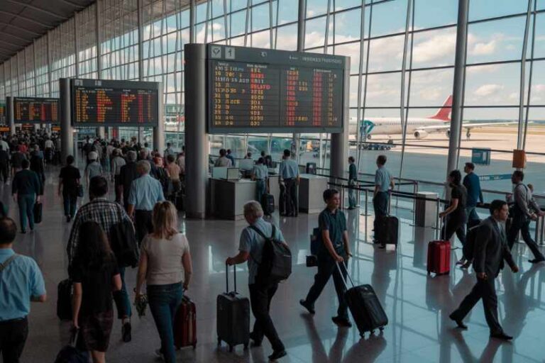 Busy airport terminal with travelers carrying luggage near large departure boards.