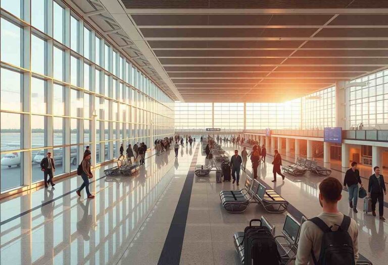 Busy airport terminal with large windows, travelers walking with luggage and glossy, reflective floors.**(informative)**
