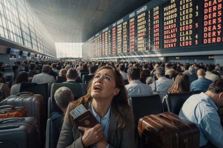 Concerned woman in a crowded airport terminal holding passport and boarding pass, with a large flight information board in the background.