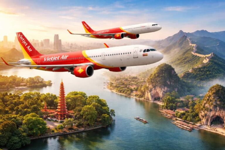 Two VietJet Air planes fly over a winding river with green islands, a red pagoda, and distant mountains in the background.