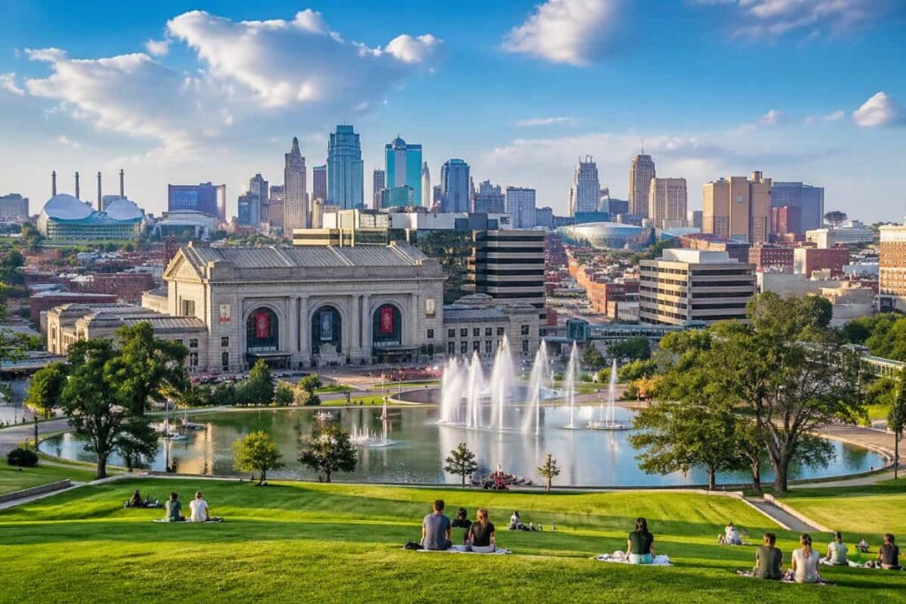 City skyline with a large classical museum, a circular fountain pond, and people picnicking on a green hill in the foreground on a sunny day.