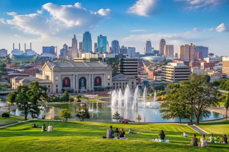 City skyline with a large classical museum, a circular fountain pond, and people picnicking on a green hill in the foreground on a sunny day.