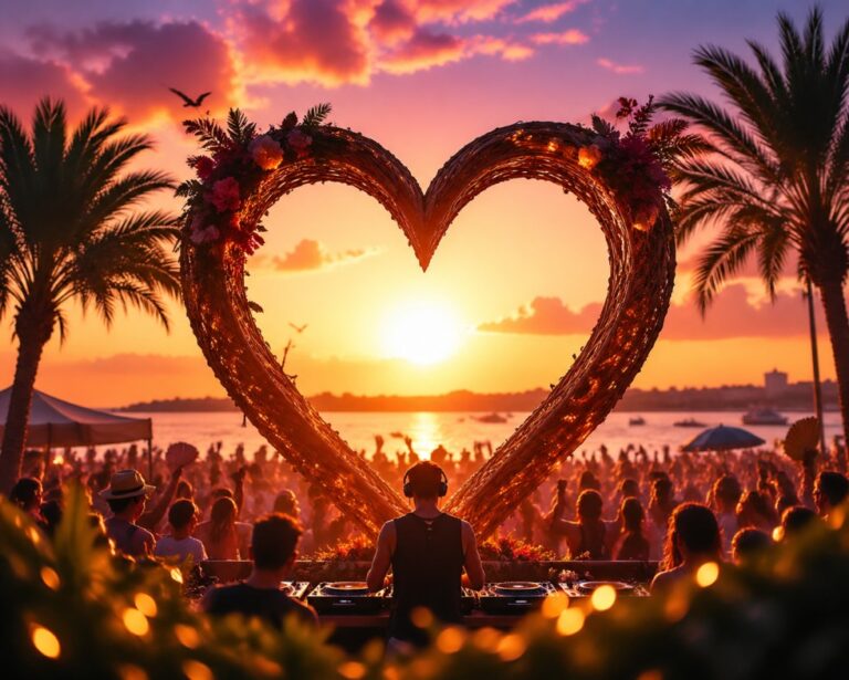 Sunset beach party with a large heart-shaped wicker arch, palm trees, and a DJ in the foreground on the crowd-filled shore.