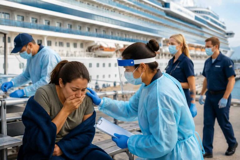 Nurse in full PPE consoles a distressed passenger on a cruise ship deck with a clipboard in hand.