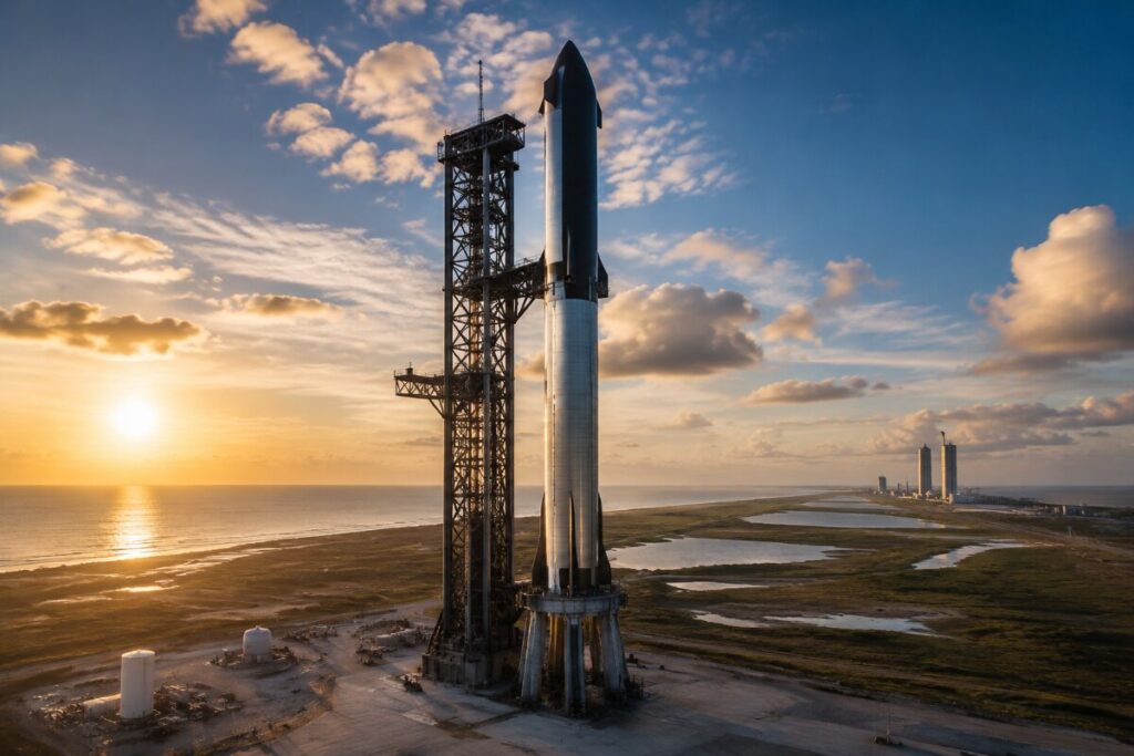 Starship spacecraft on a launch pad beside a tall gantry tower at sunset, with a coastline and distant buildings in the background.
