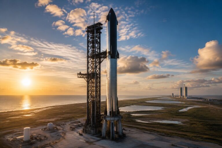 Starship spacecraft on a launch pad beside a tall gantry tower at sunset, with a coastline and distant buildings in the background.