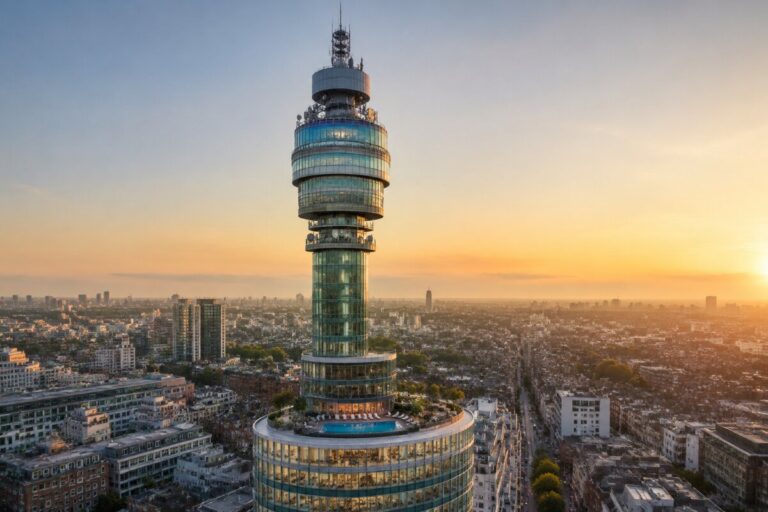 Tall glass-centered observation tower rising above a dense city at sunset, with a circular deck area and pool at its base. The skyline stretches to the horizon under a warm orange sky.
