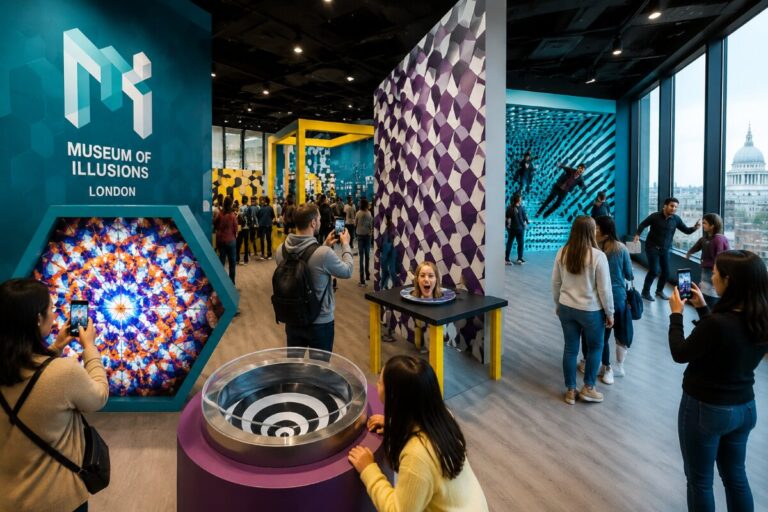 Interior of the Museum of Illusions London with visitors exploring interactive exhibits and colorful geometric walls.