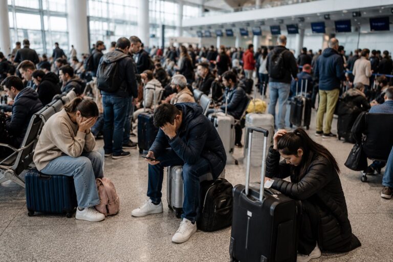 Crowded airport terminal with travelers sitting and waiting, many with suitcases and backpacks, some looking stressed or tired.