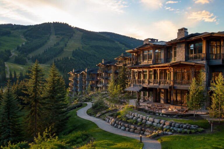 Mountain resort with a multi-story wooden lodge, pine trees, and a winding path along a hillside at sunset