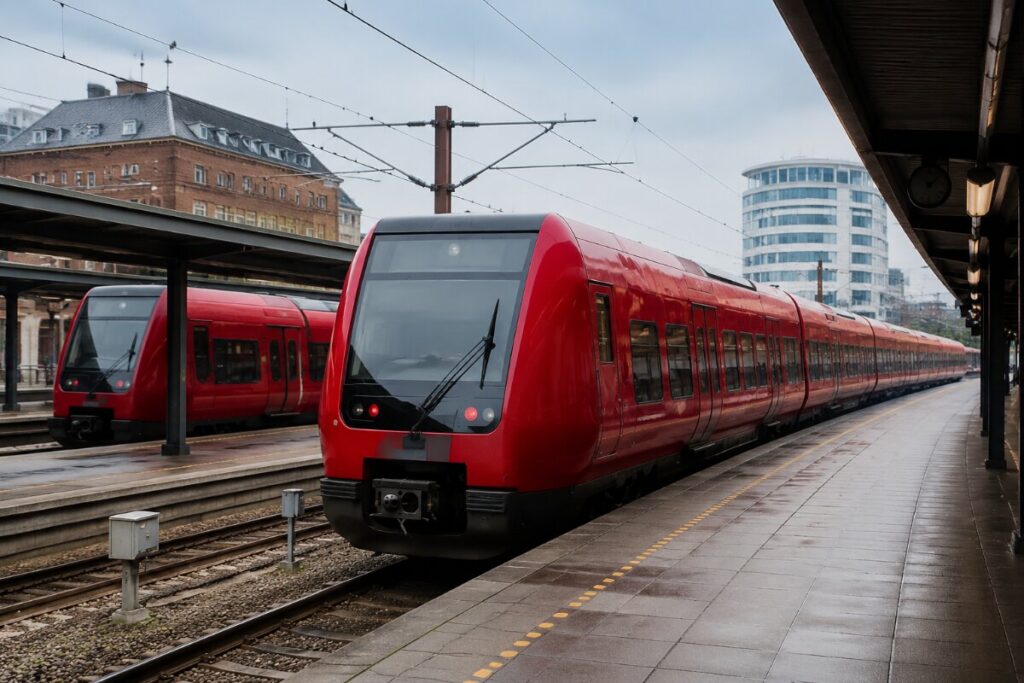 Red commuter train at a platform in a city station with wet pavement and overhead power lines visible above.