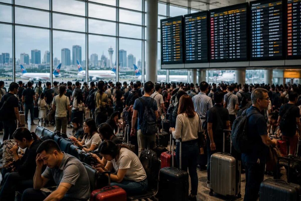 Crowded airport departure hall with travelers waiting and luggage, flight information boards above; planes and city skyline visible through the windows.