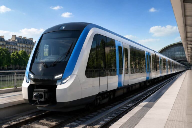 Modern white and blue passenger train at an outdoor platform on a sunny day, with a glass station ahead and blue sky above.