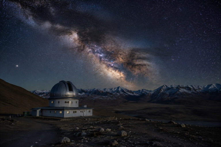 White domed observatory at night beneath the Milky Way, with snow-capped mountains in the background.