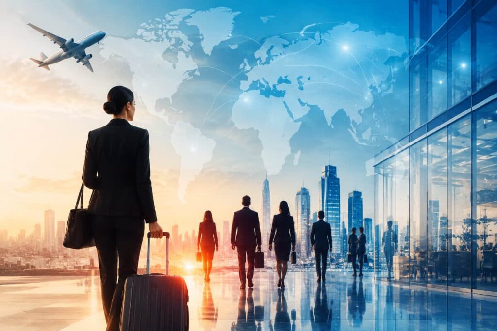 Business traveler with rolling suitcase walking toward a glass skyscraper, world map overlay and airplane in the sky, conveying international travel.
