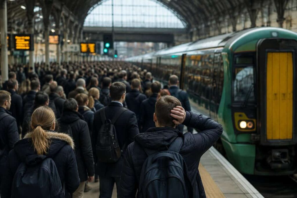 Crowded train platform with a green train on the right and commuters waiting to board.
