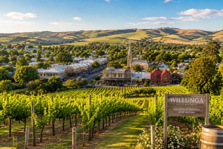 Vineyard rows in Willunga, South Australia with a town and church in the background under a blue sky.