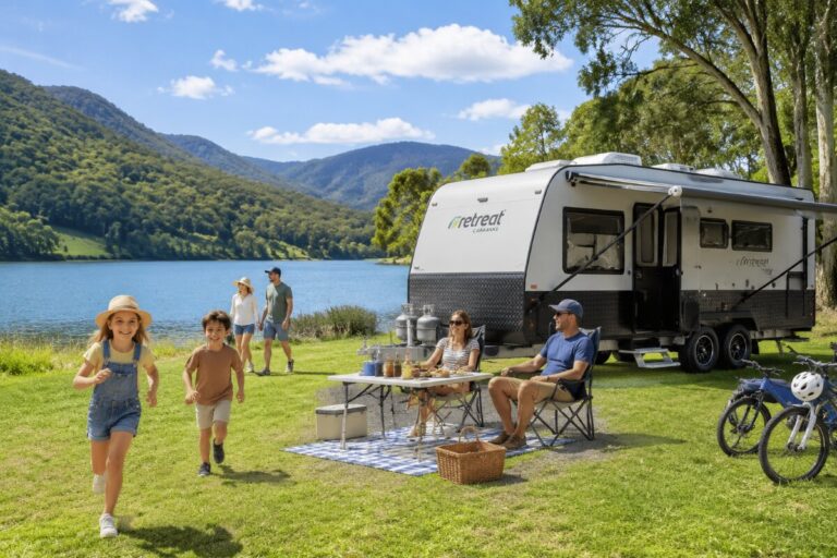 Family camping by a sunny lakeshore: two kids run toward the camera while adults relax at a picnic table beside a travel trailer.