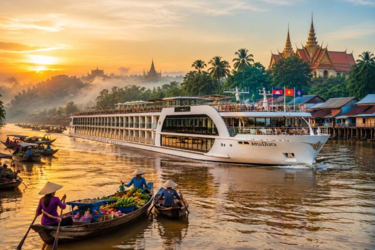 Sunset over the river as a large white cruise ship AmaDara sails past colorful market boats with a pagoda-style temple on the shore behind.